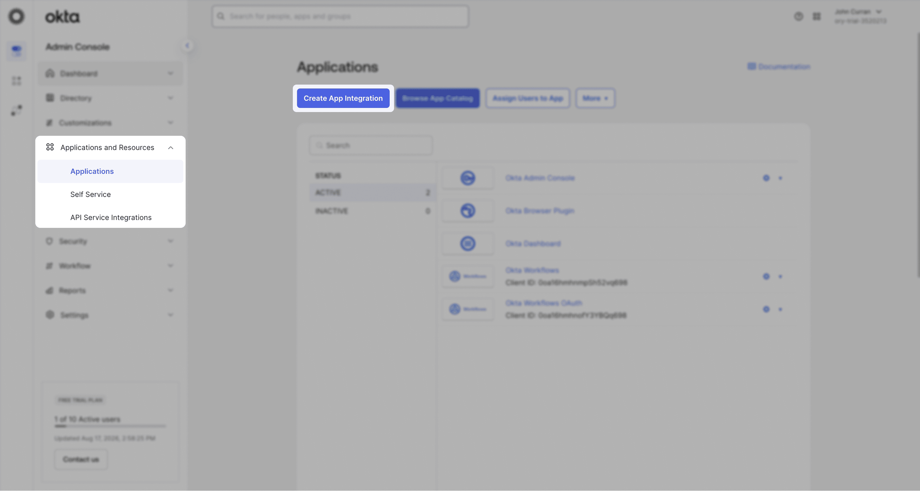 Okta Applications page with the Create App Integration button