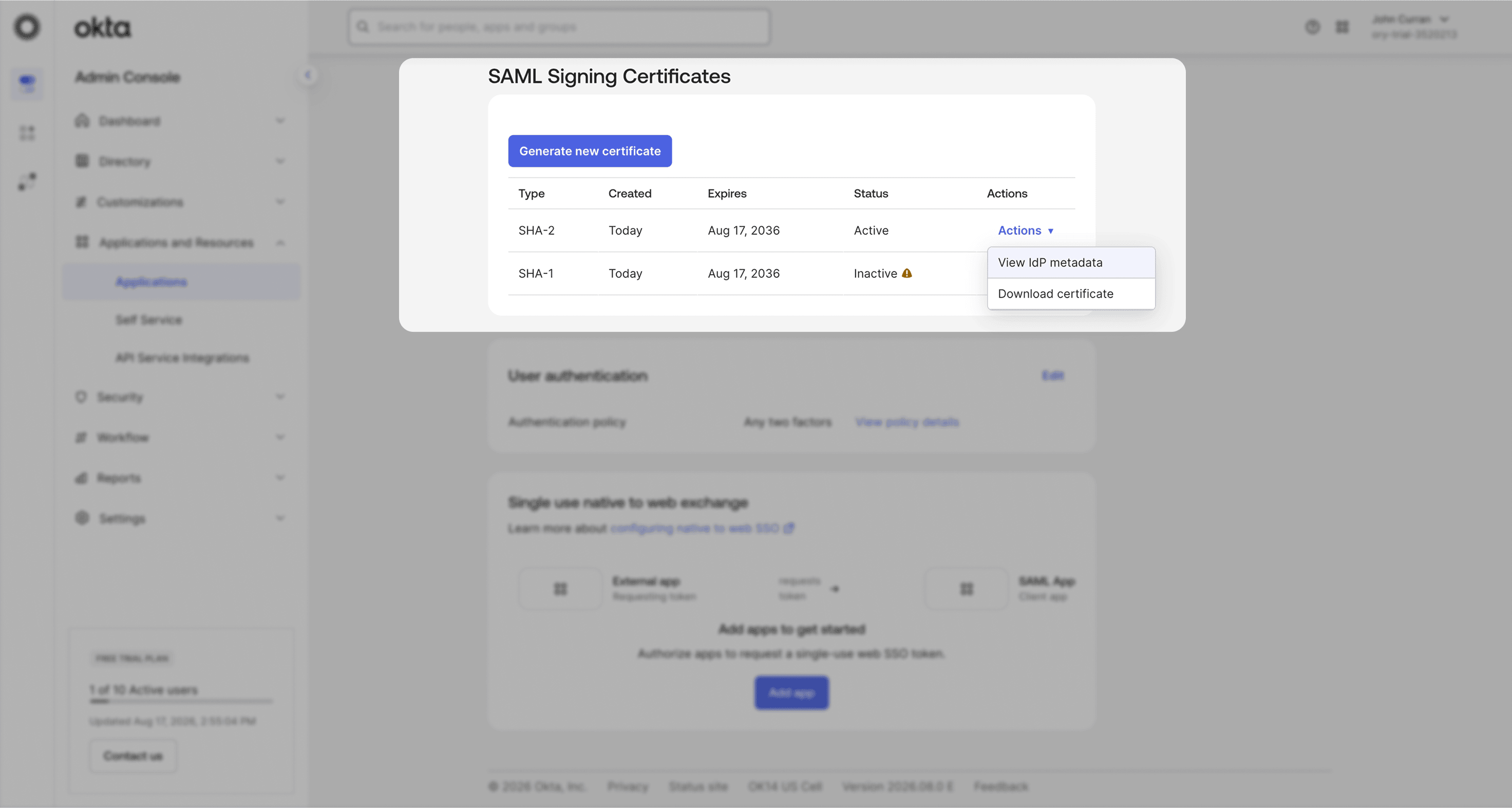 Okta SAML signing certificates with the View IdP metadata action
