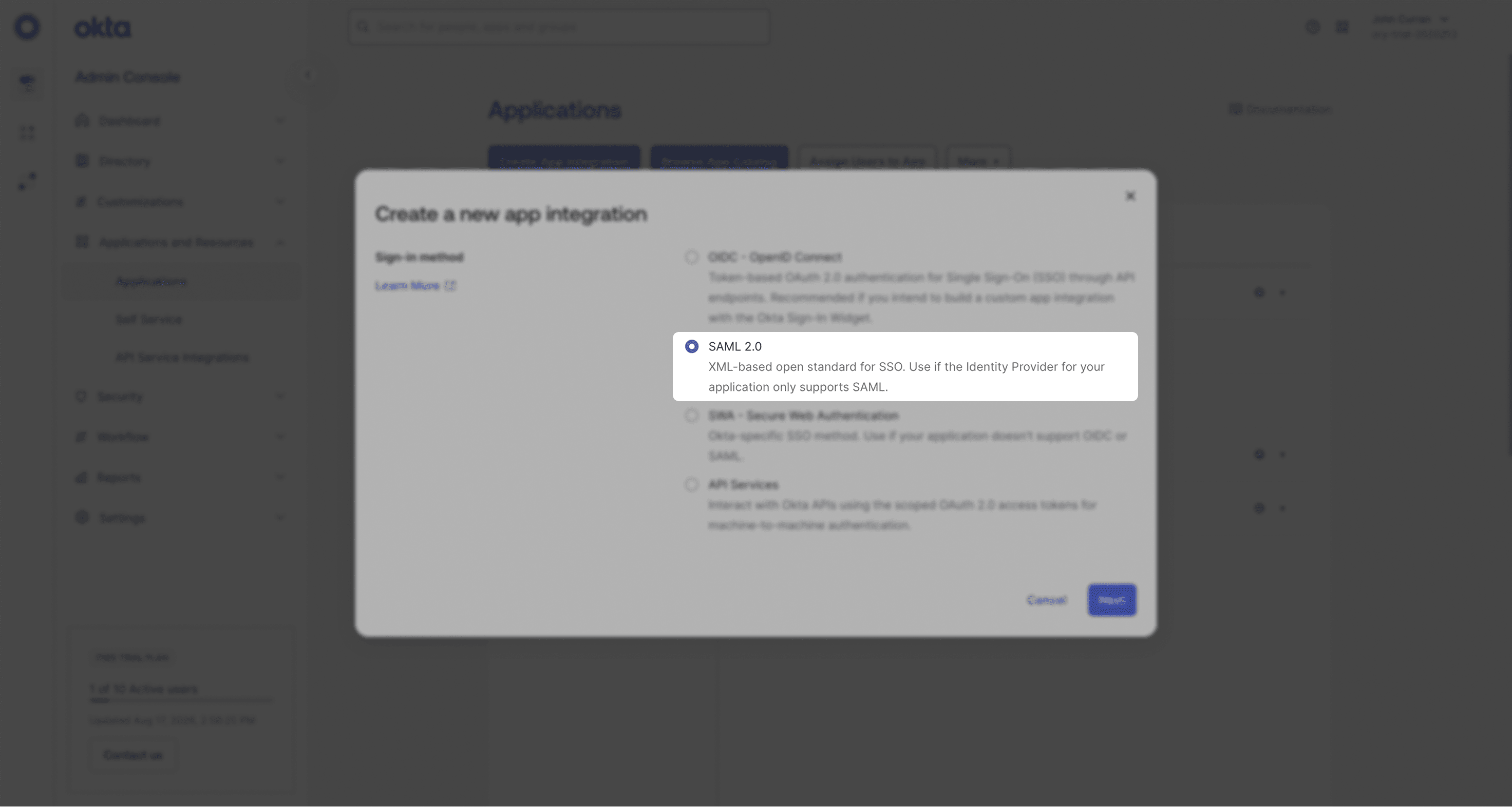 Okta create a new app integration dialog with SAML 2.0 selected