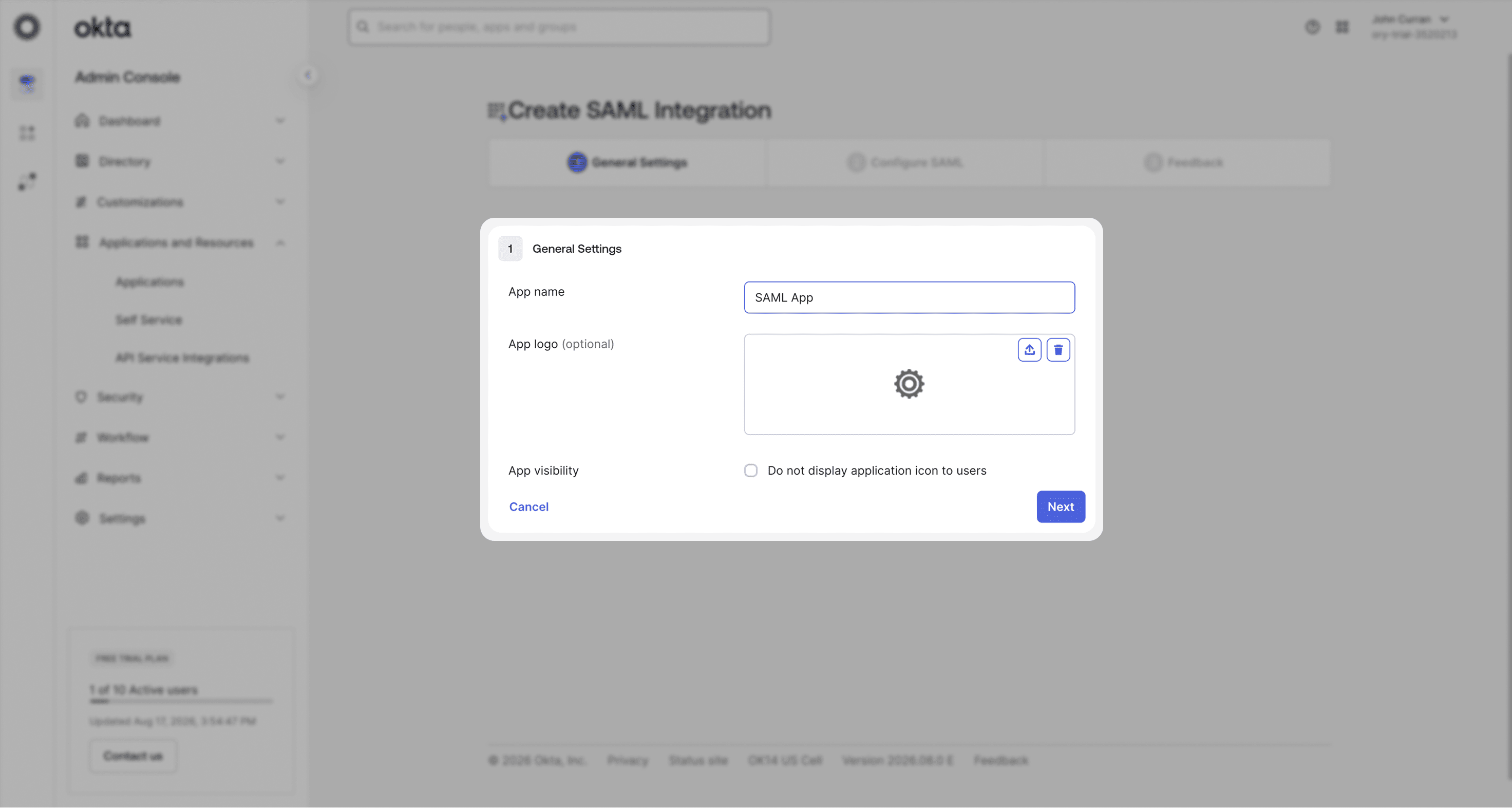 Okta General Settings step with the App name field