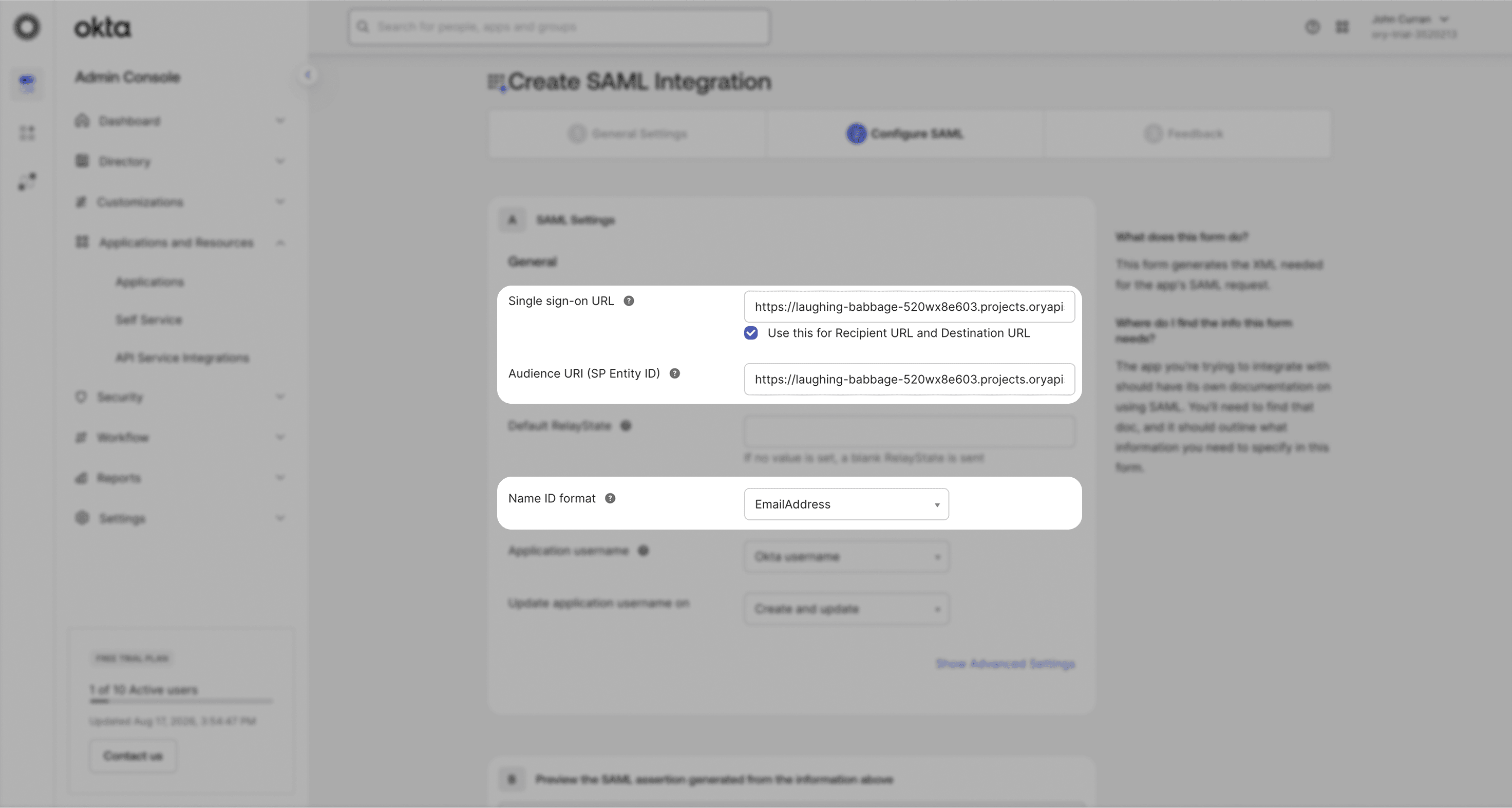 Okta Configure SAML step with the SAML settings filled in