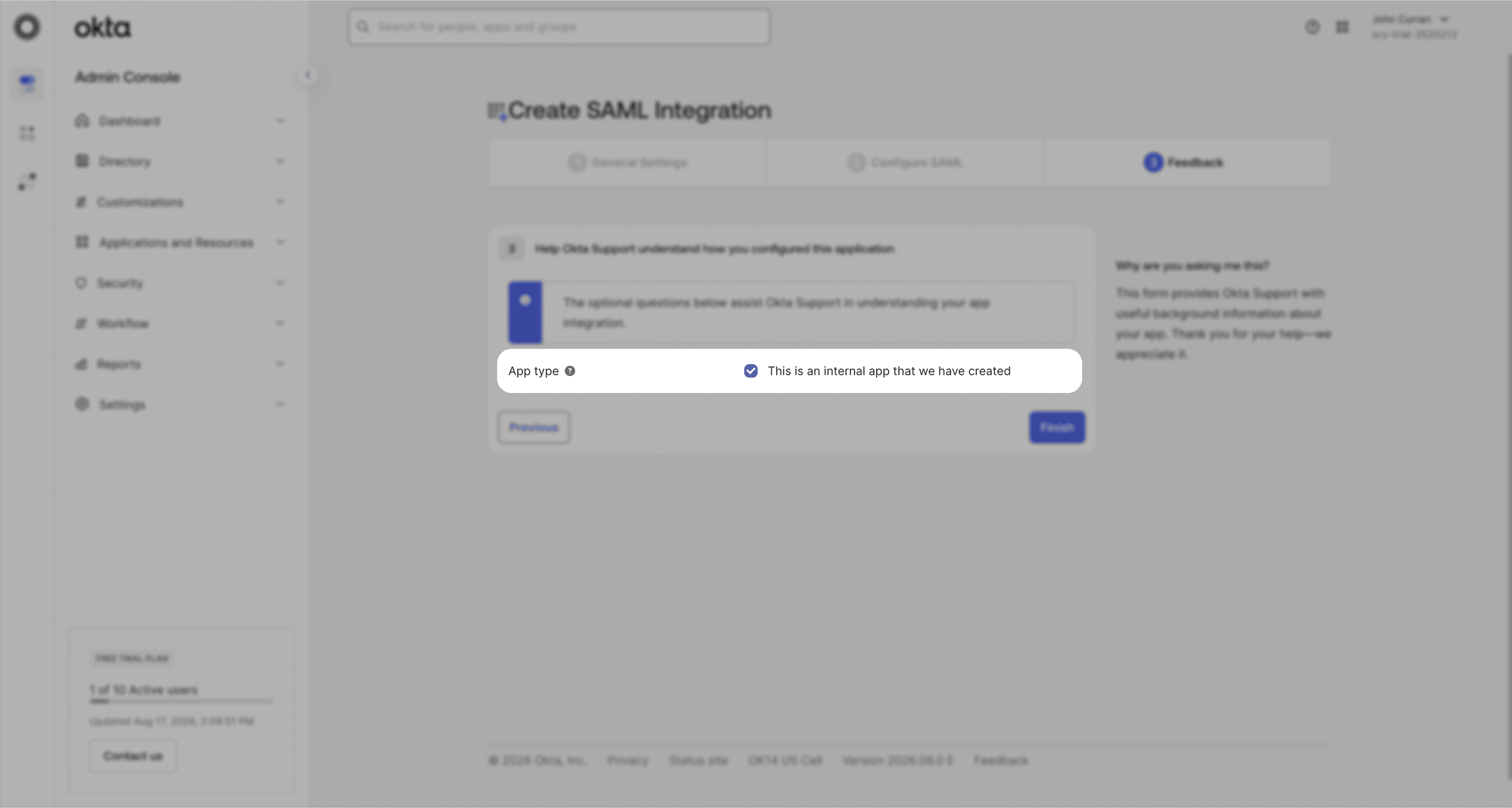 Okta Feedback step with the internal app checkbox ticked
