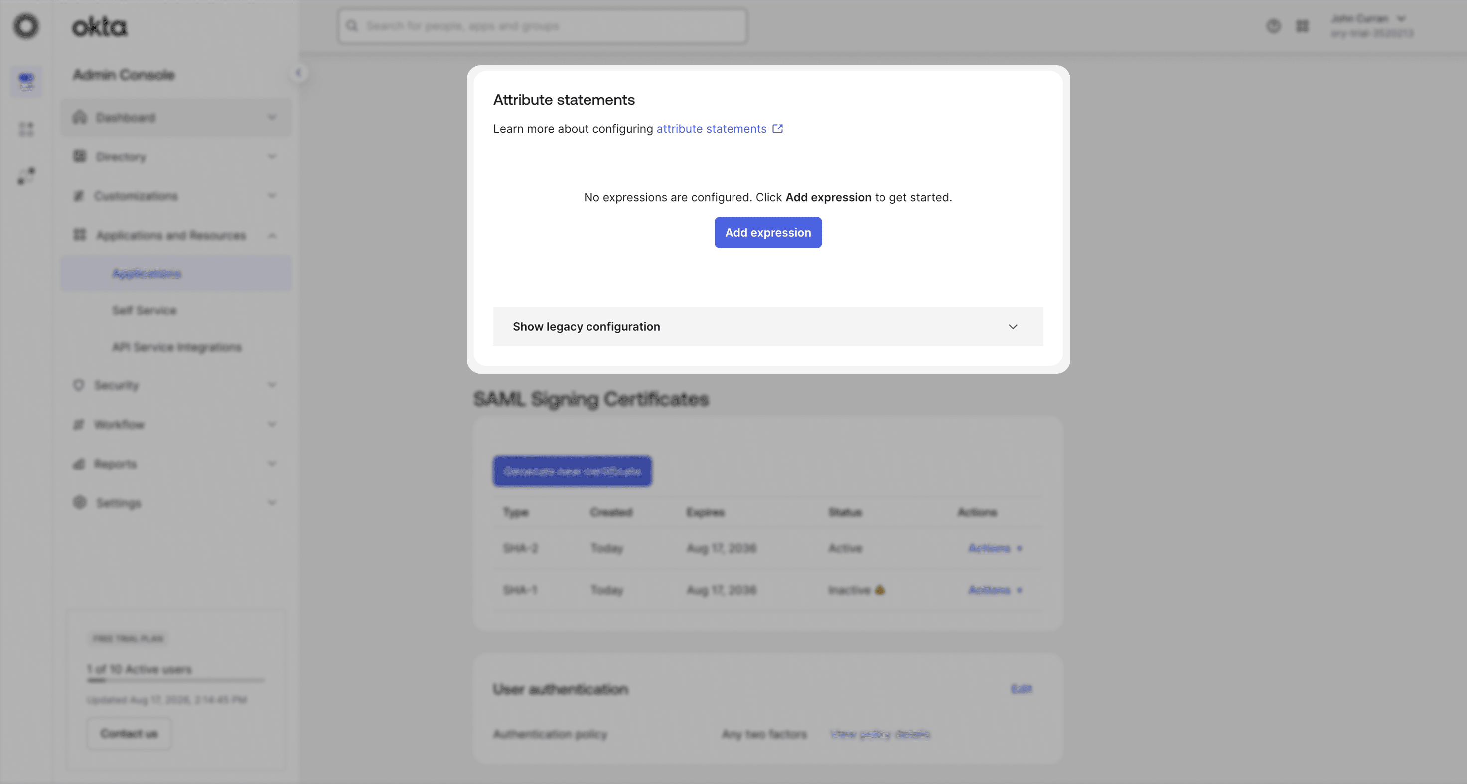 Okta Attribute statements section on the Sign On tab