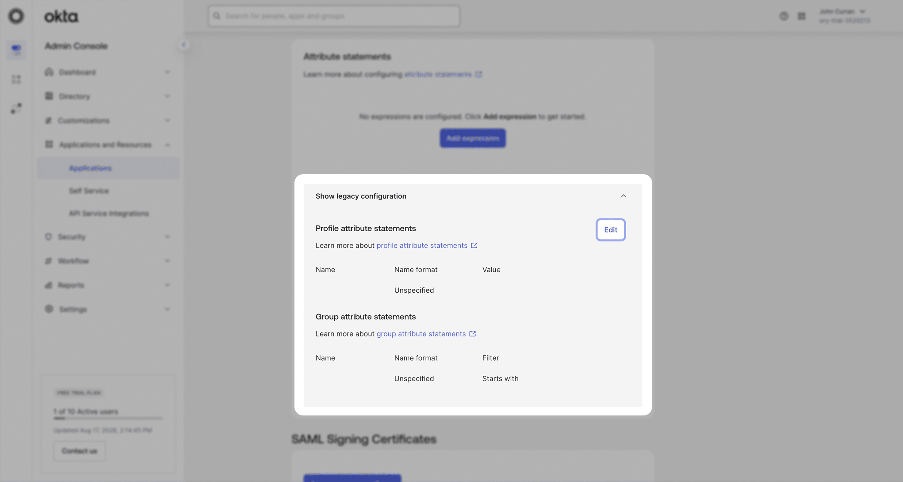 Okta legacy configuration expanded with the Edit button for profile attribute statements
