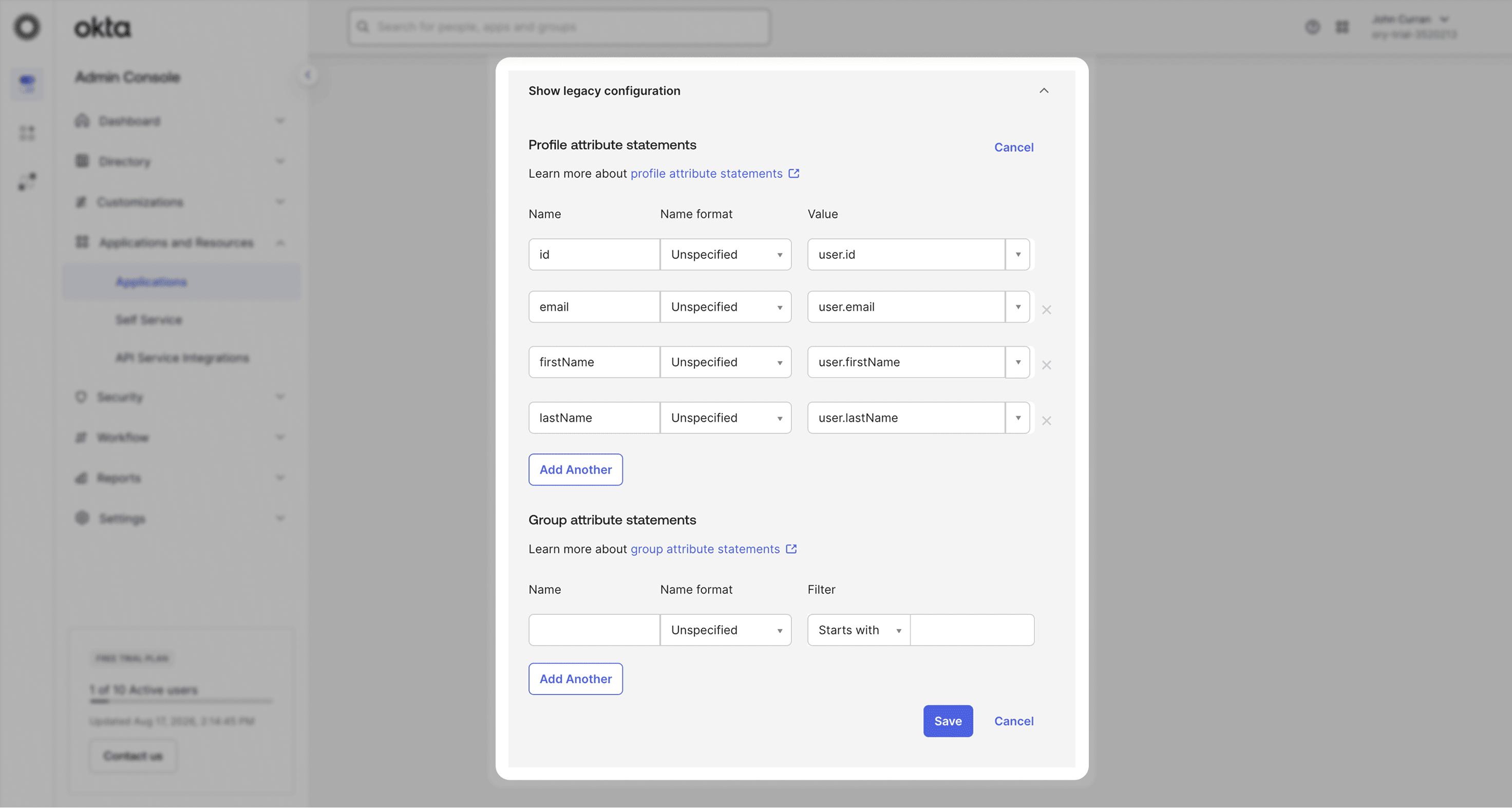 Okta profile attribute statements being edited