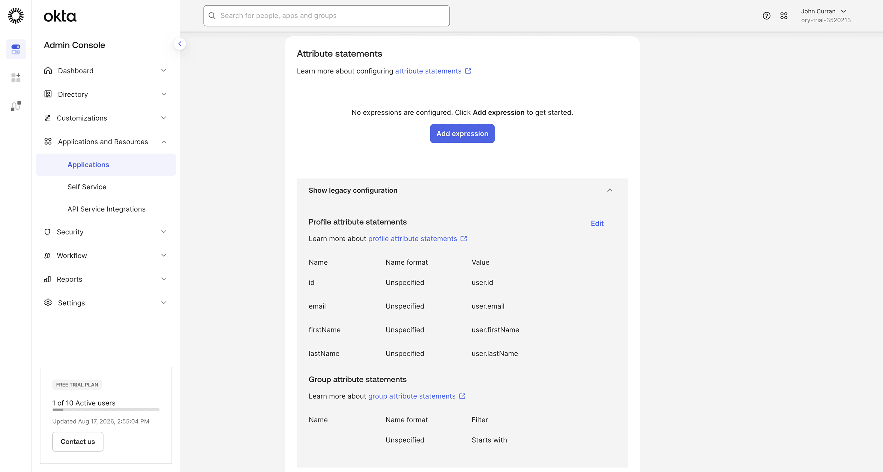 Okta saved profile attribute statements