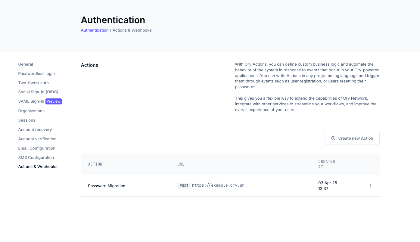 Actions &amp; Webhooks page showing the Password Migration action