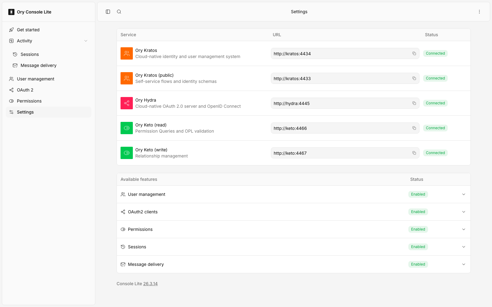 The Ory Console Lite settings page listing five connected services above a table of five enabled features, with the build tag 26.3.14 at the bottom