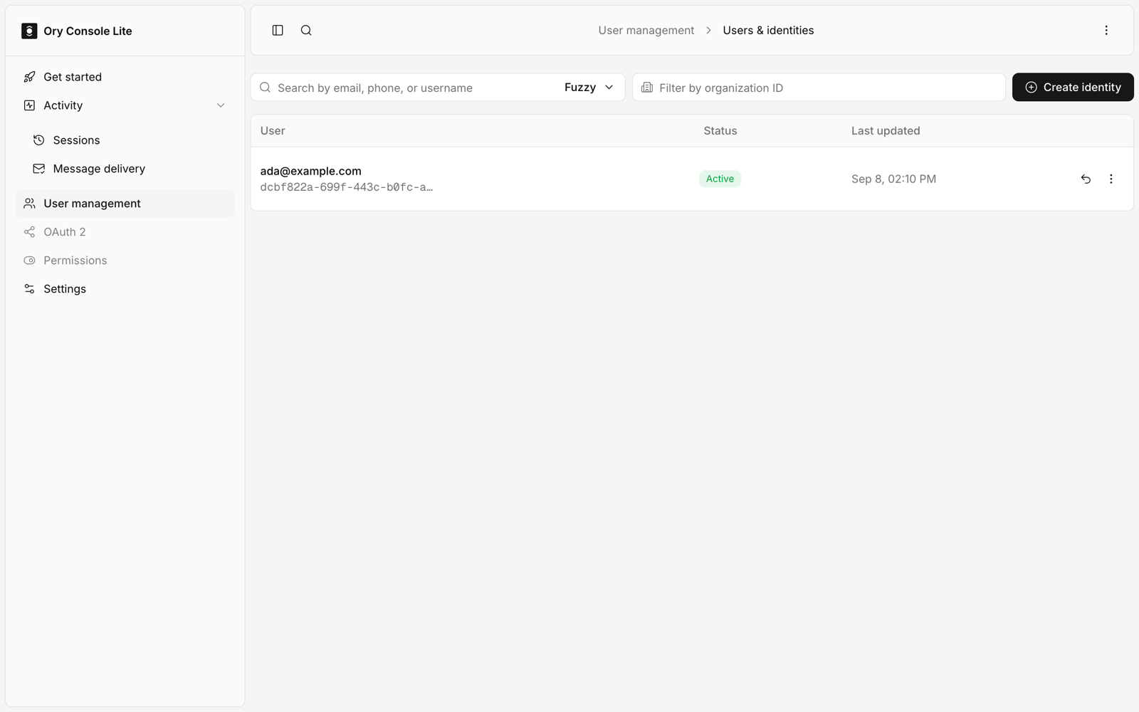 The Ory Console Lite sidebar with the OAuth 2 and Permissions entries greyed out